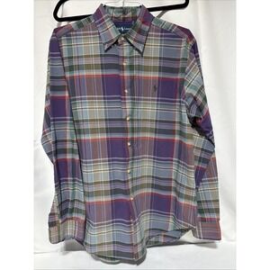 Ralph‎ Lauren Men's L Blue Green Purple Plaid Button Up Classic Fit Cotton Shirt